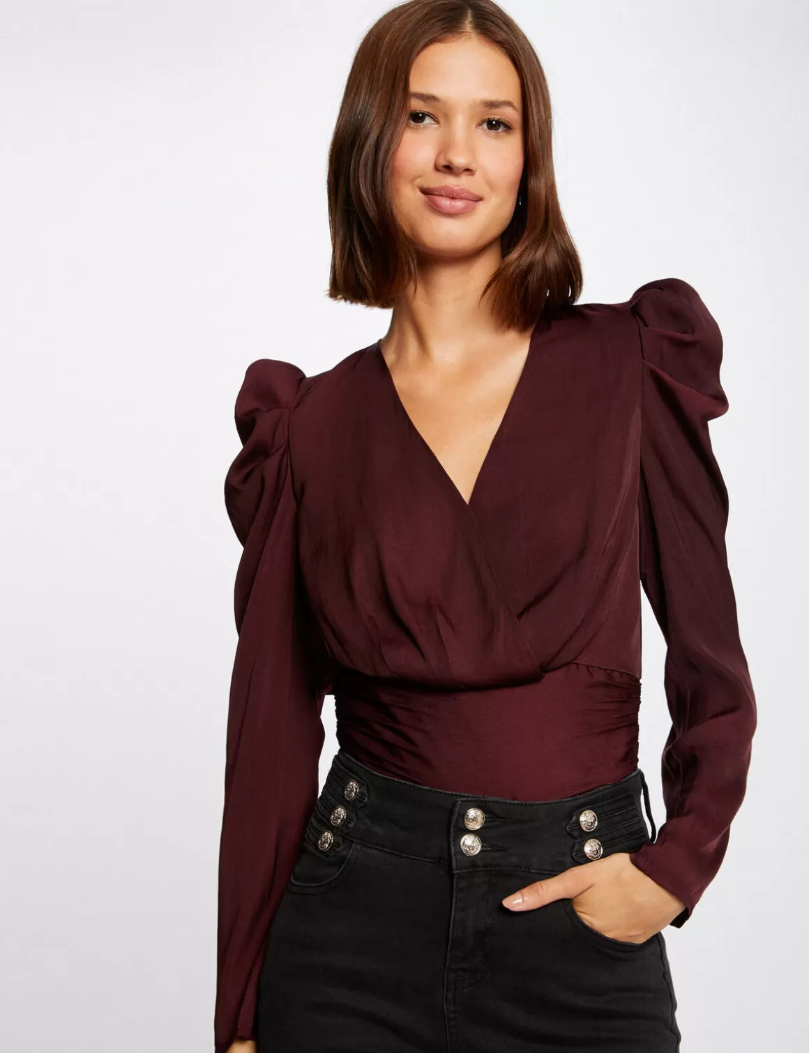 Morgan Chemises Et Blouses>Blouse Manches Longues Col Cache-Coeur Femme | Prune