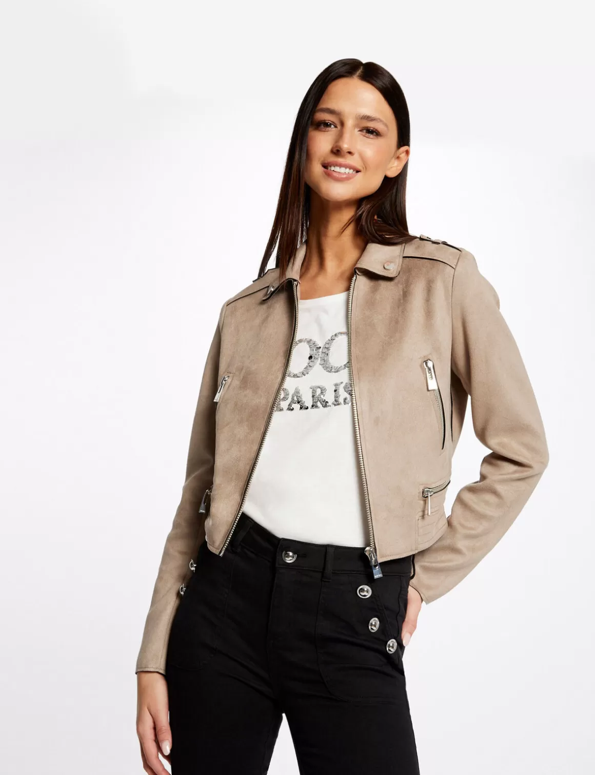 Morgan Vestes Et Blousons>Blouson Droit Aspect Suedine Beige Clair Femme | Beige_Clair