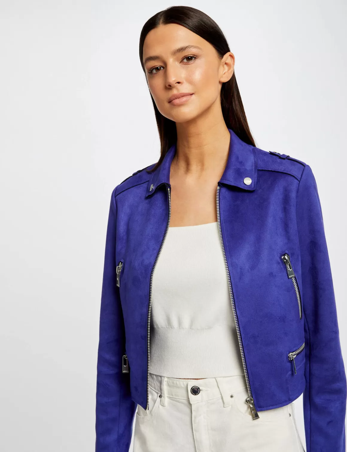 Morgan Vestes Et Blousons>Blouson Droit Aspect Suedine Bleu Moyen Femme | Bleu_Moyen