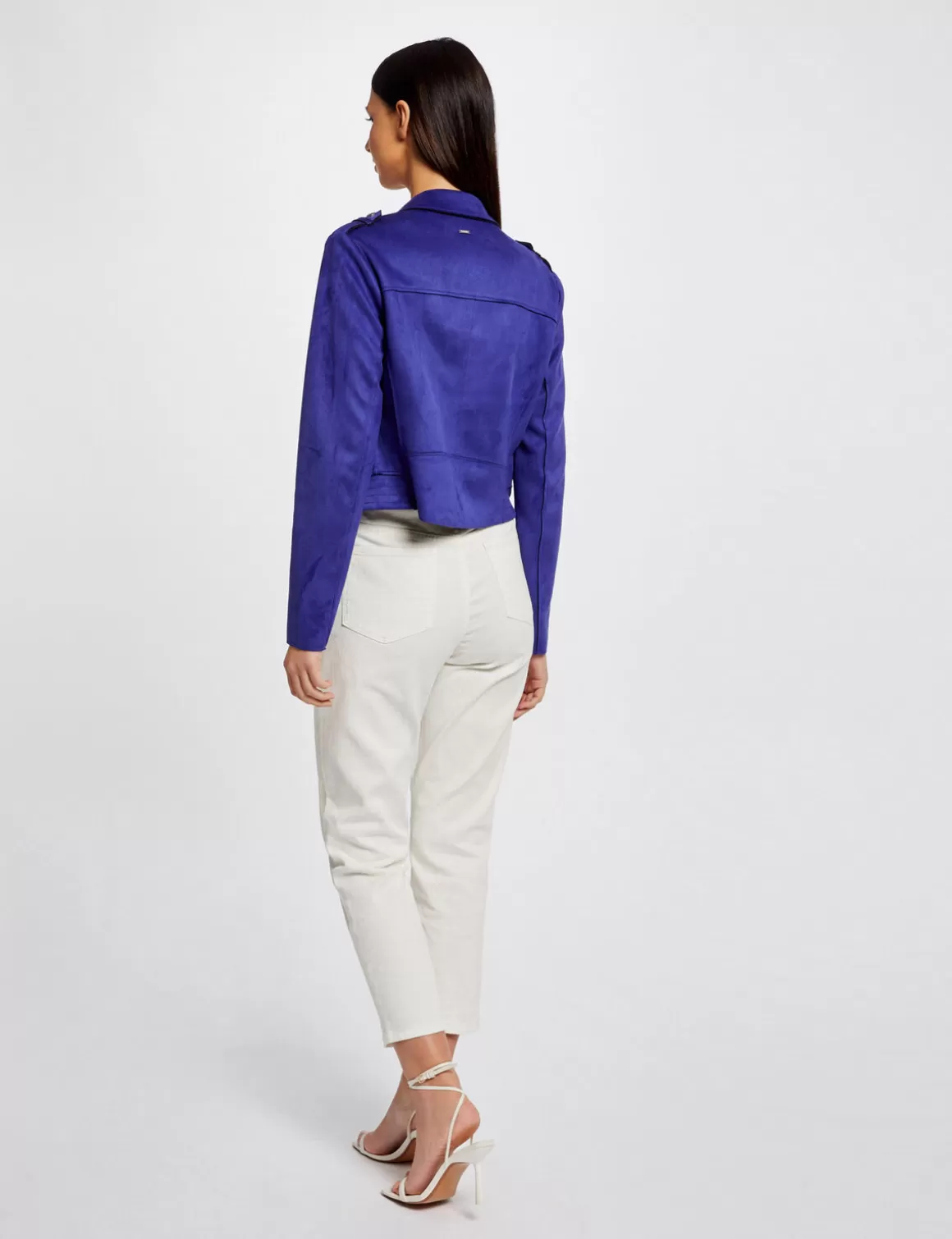 Morgan Vestes Et Blousons>Blouson Droit Aspect Suedine Bleu Moyen Femme | Bleu_Moyen