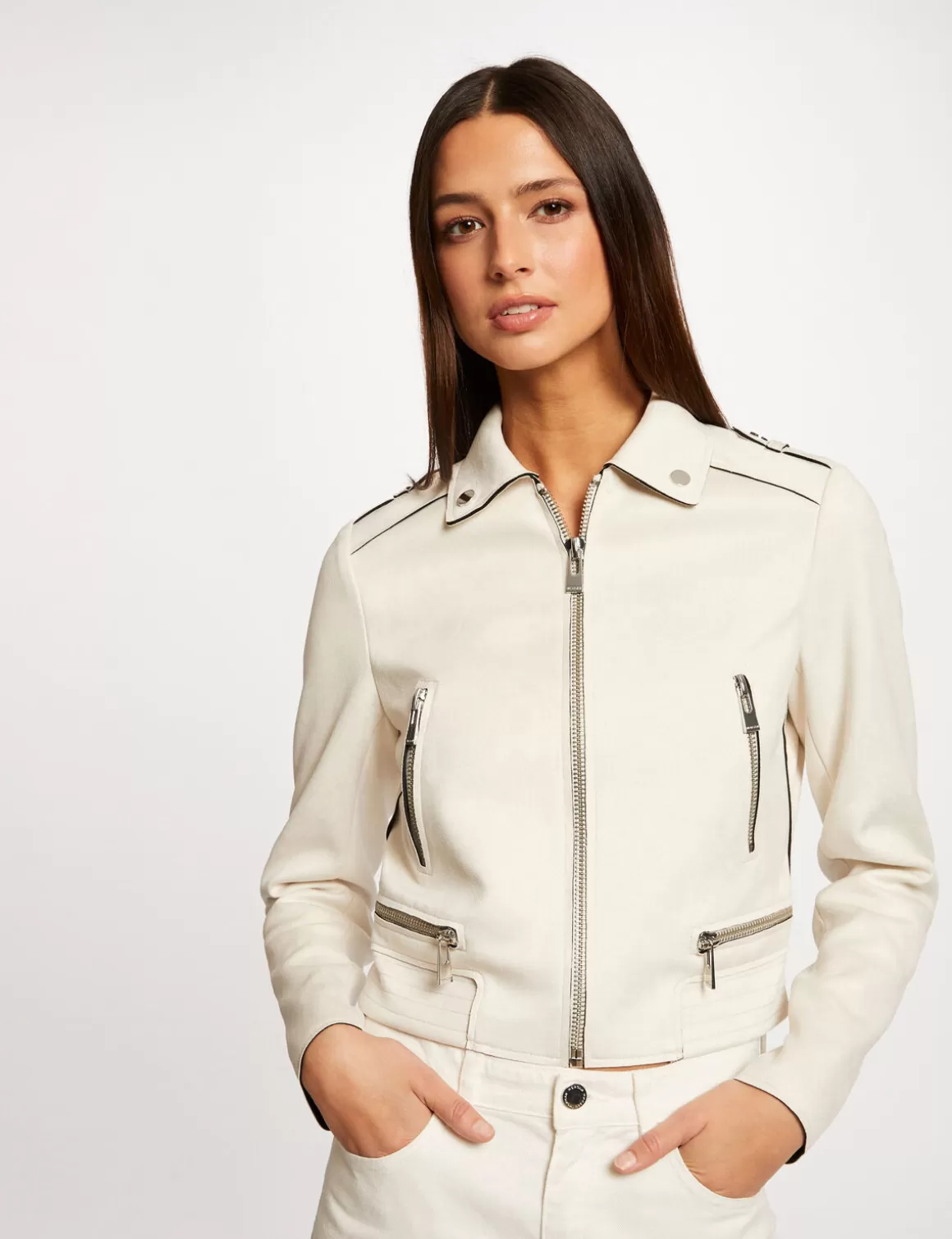 Morgan Vestes Et Blousons>Blouson Droit Aspect Suedine Ecru Moyen Femme | Ecru_Moyen