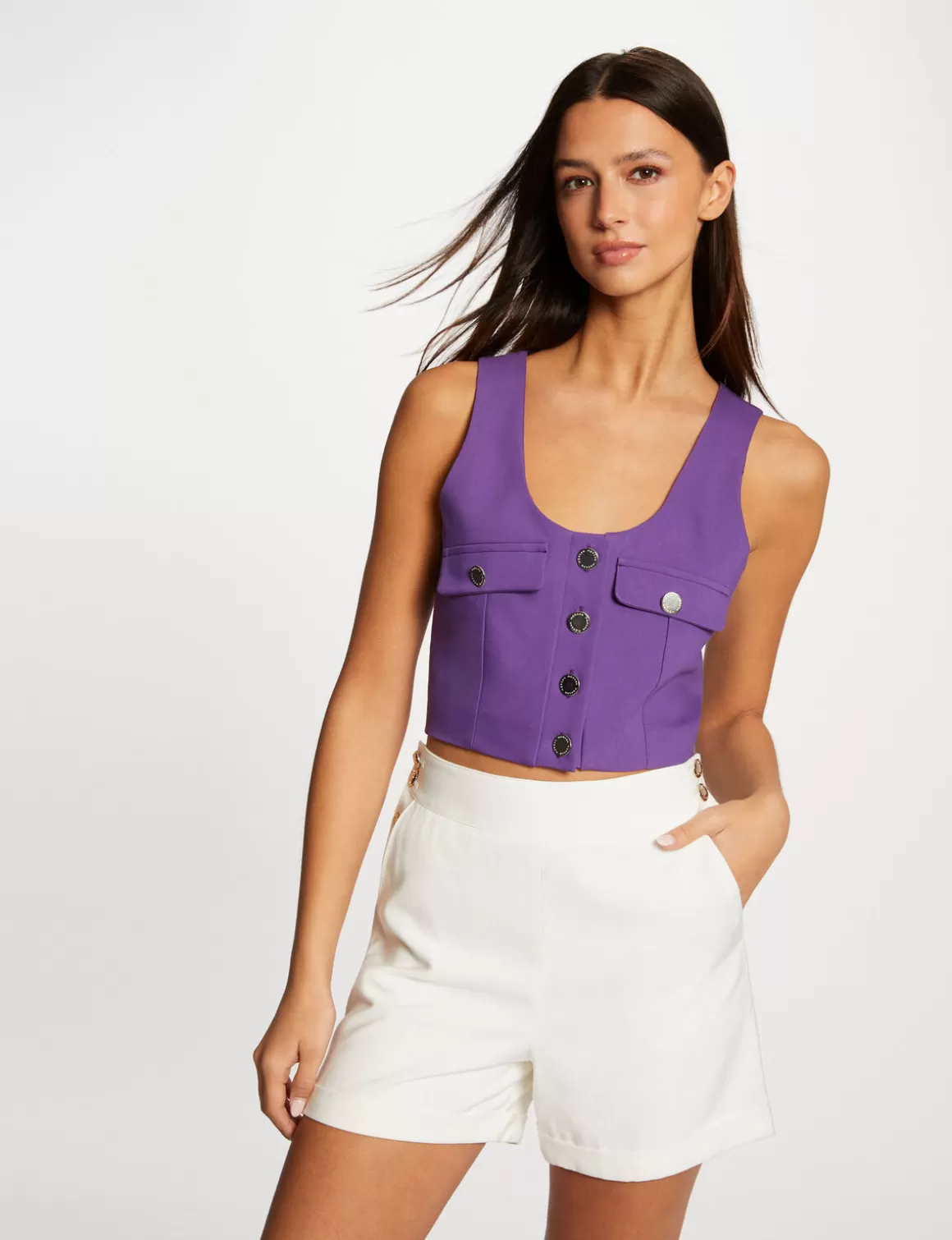 Morgan Tops Et T-Shirts>Crop Top Boutonne Sans Manches Violet Fonce Femme | Violet_Fonce