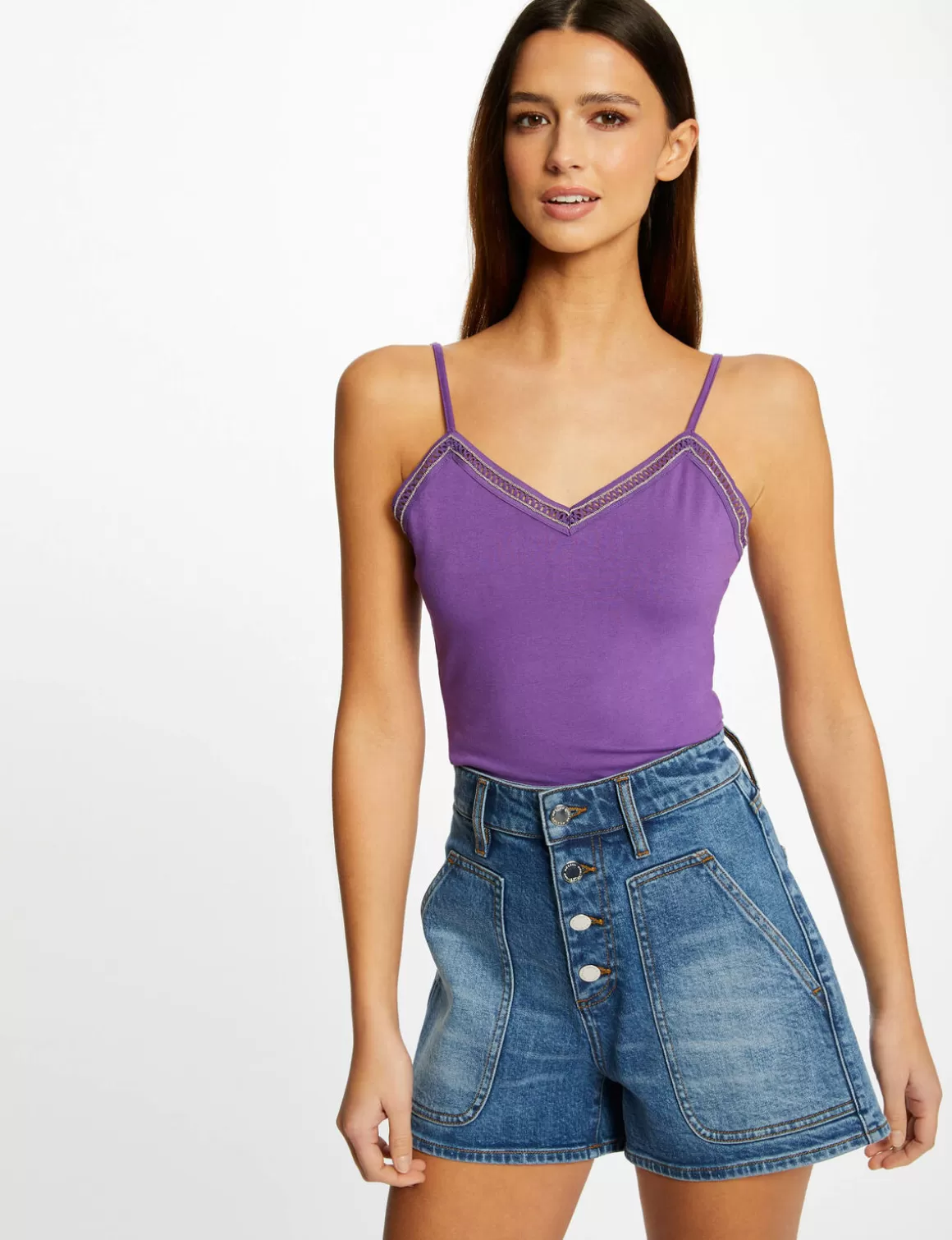 Morgan Tops Et T-Shirts>Debardeur Bretelles Fines Col En V Violet Fonce Femme | Violet_Fonce