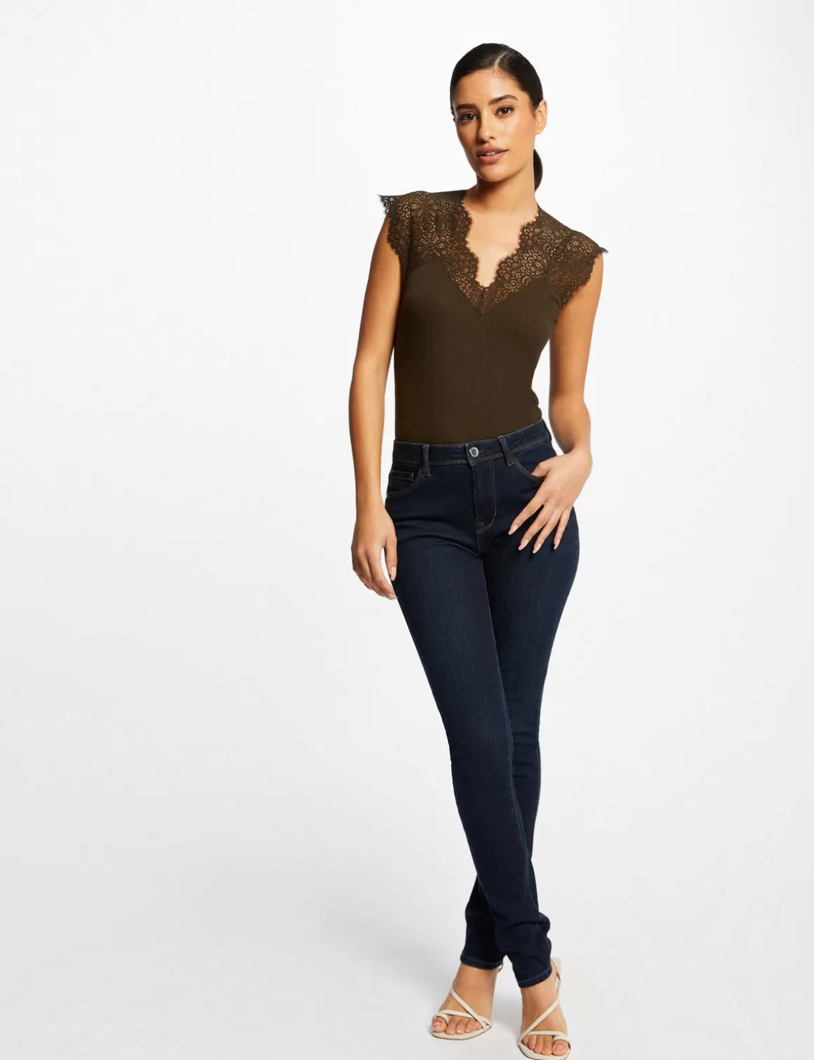 Morgan Tops Et T-Shirts>Debardeur Bretelles Larges En Dentelle Vert Kaki Femme | Vert_Kaki