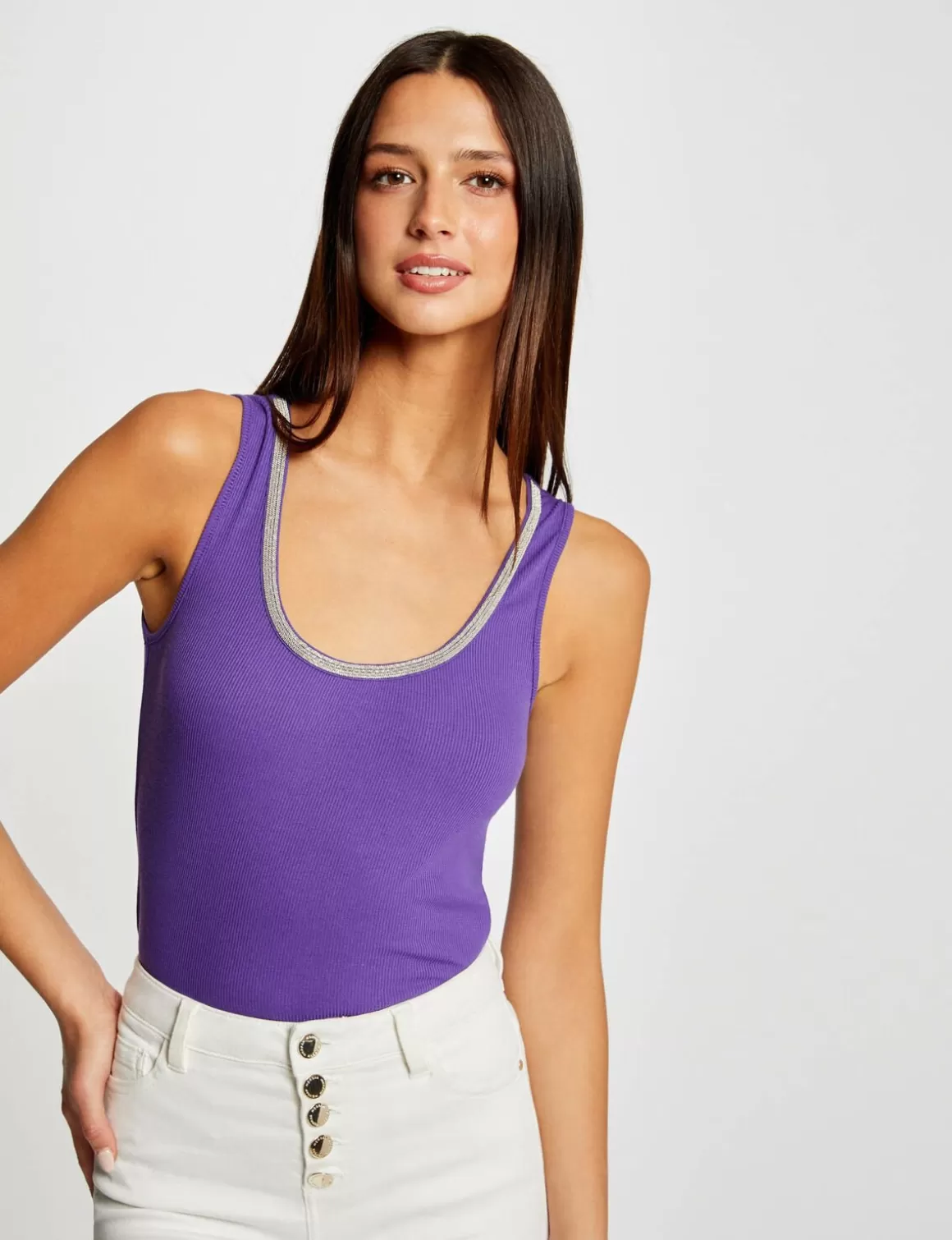 Morgan Tops Et T-Shirts>Debardeur Cotele Col A Details Bijoux Femme | Violet