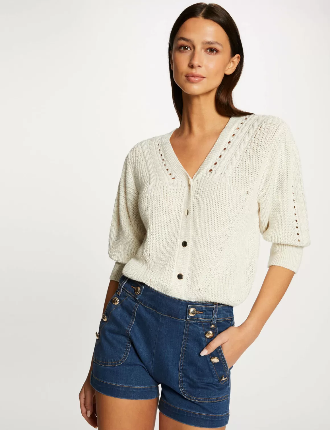 Morgan Gilets>Gilet Manches 3/4 Avec Details Torsades Femme | Beige
