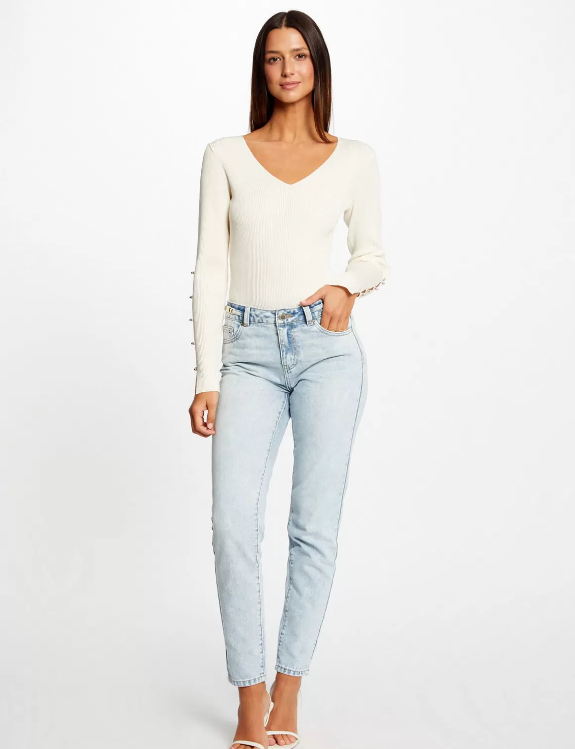Morgan Jeans>Jeans Droit Avec Ornements Metalliques Jean Bleached Femme | Jean_Bleached