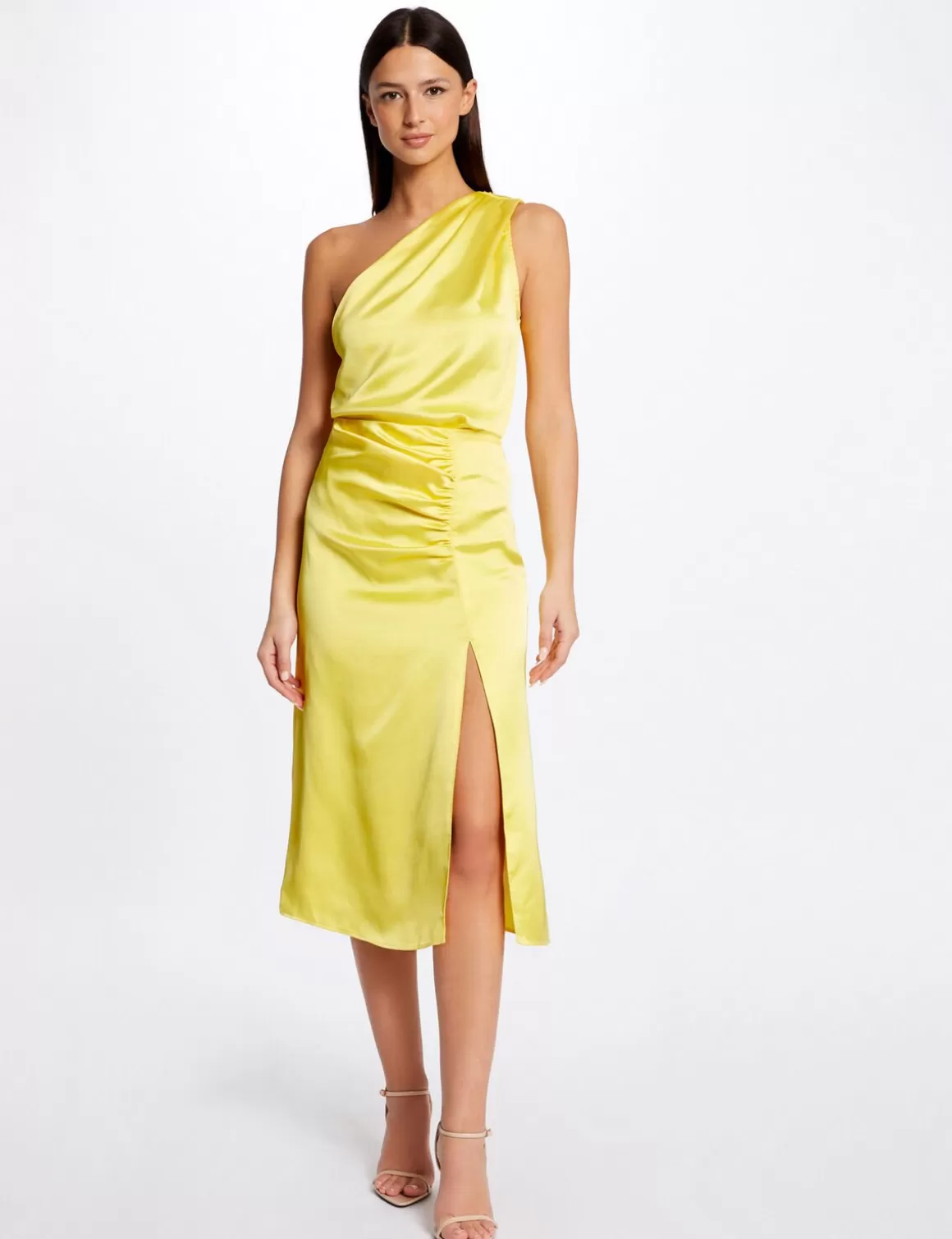 Morgan Ensembles Et Tailleurs>Jupe Droite Satin Fendue Jaune Moyen Femme | Jaune_Moyen