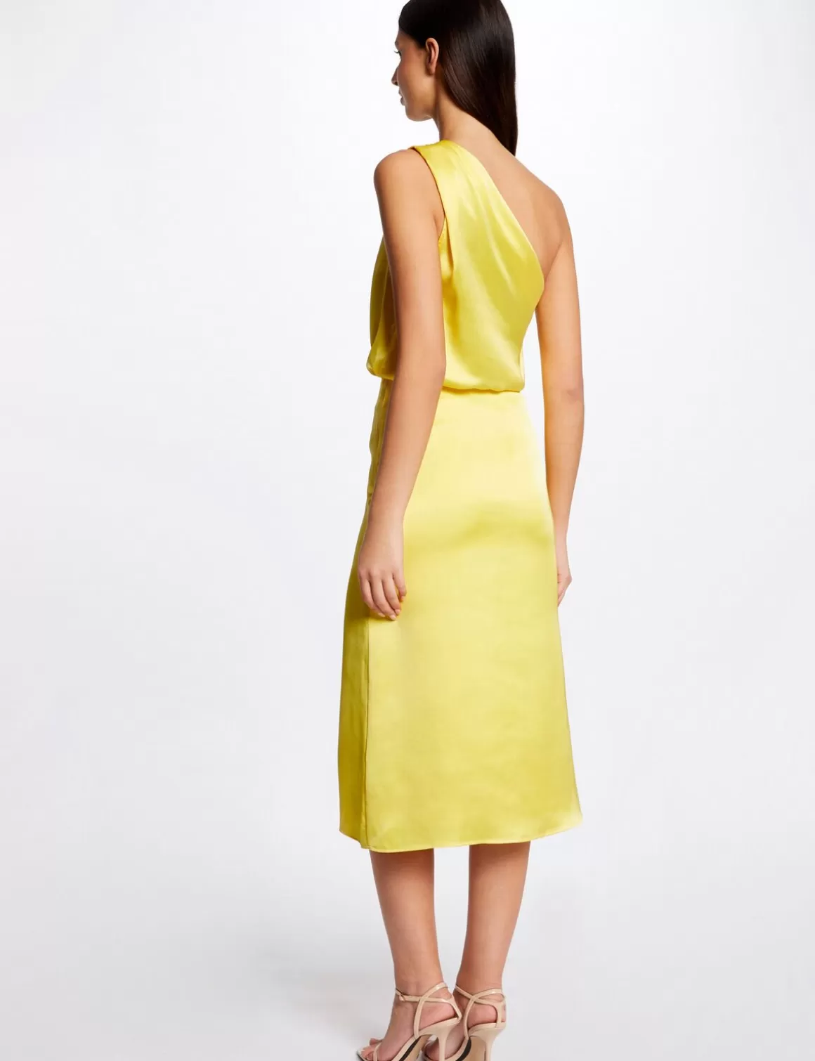 Morgan Ensembles Et Tailleurs>Jupe Droite Satin Fendue Jaune Moyen Femme | Jaune_Moyen