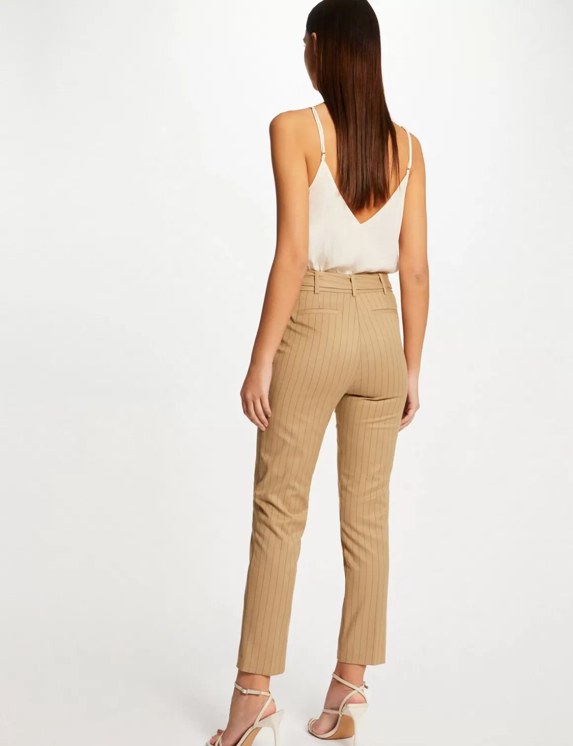 Morgan Pantalons>Pantalon Cigarette 7/8Eme A Rayures Femme | Beige