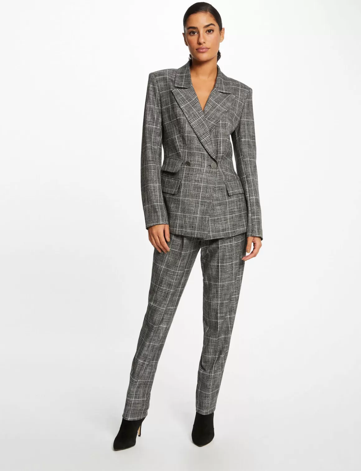Morgan Ensembles Et Tailleurs>Pantalon City Paperbag A Carreaux Gris Moyen Femme | Gris_Moyen
