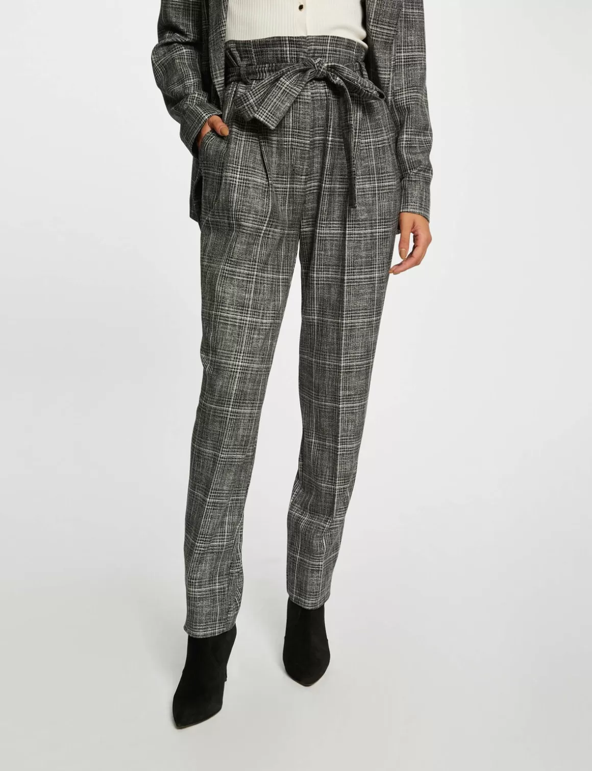 Morgan Ensembles Et Tailleurs>Pantalon City Paperbag A Carreaux Gris Moyen Femme | Gris_Moyen