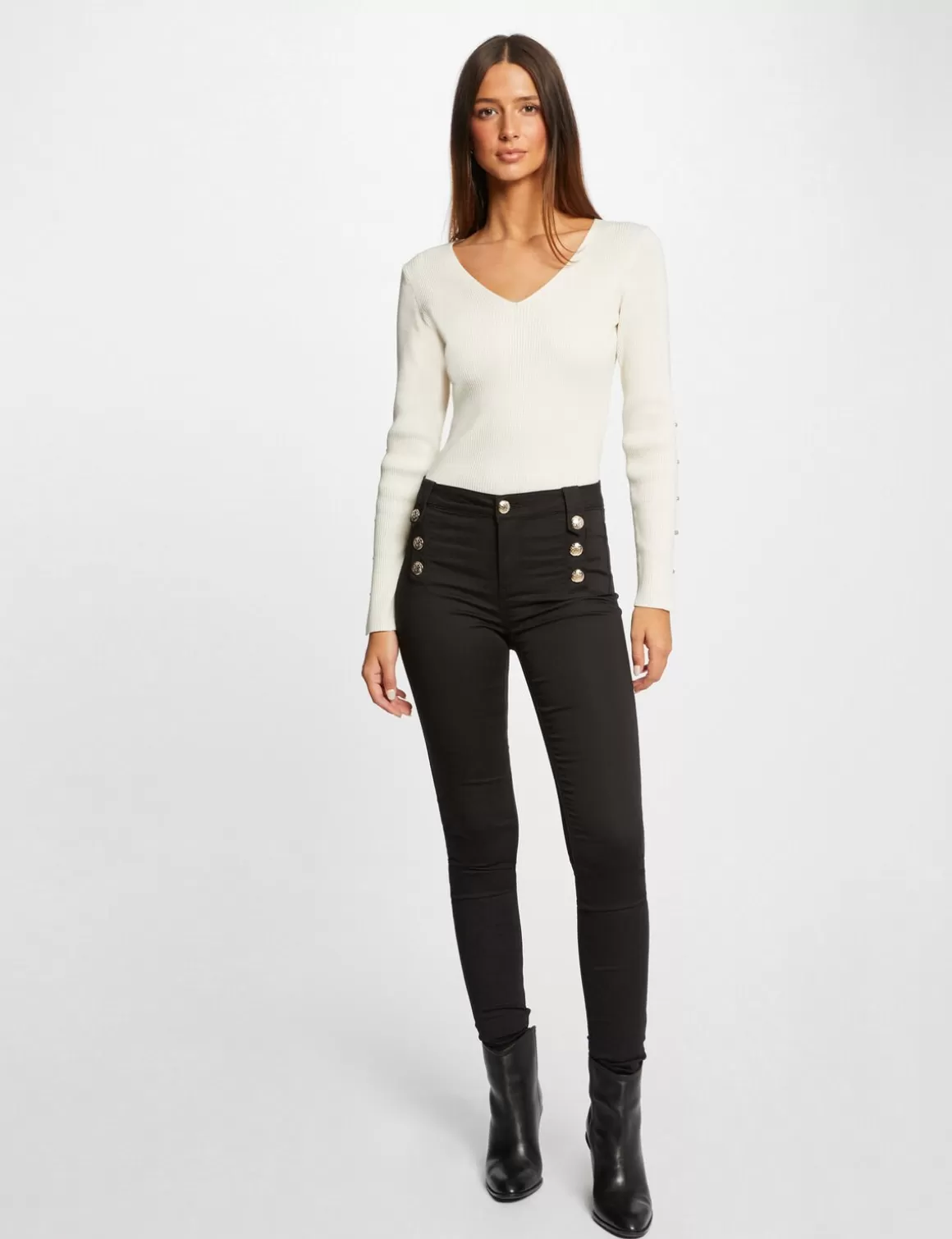 Morgan Shorts>Pantalon Skinny Avec Boutons Decoratifs Femme | Noir