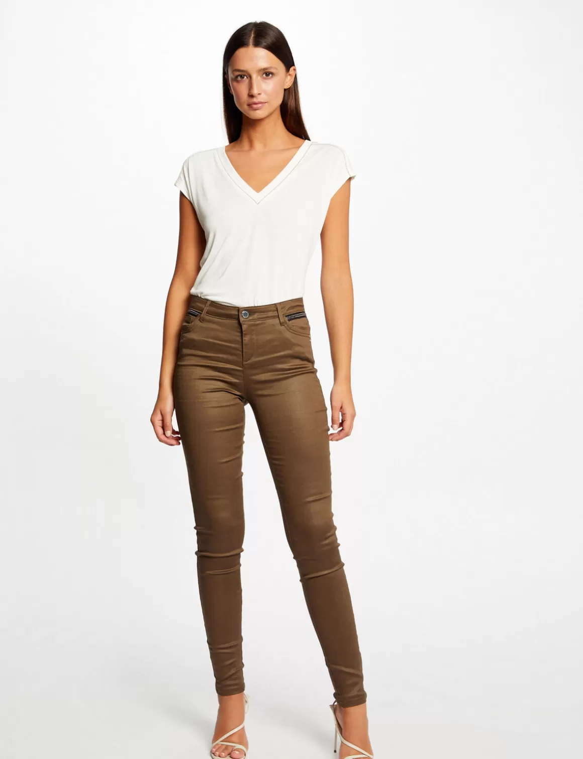Morgan Shorts>Pantalon Skinny Enduit A Details Bijoux Vert Moyen Femme | Vert_Moyen