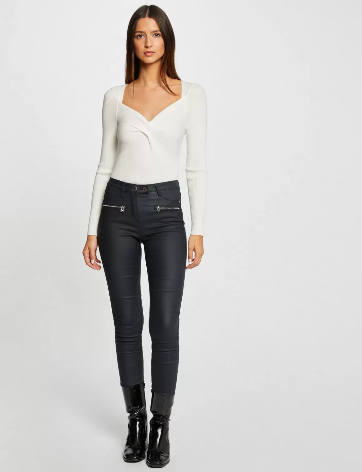 Morgan Pantalons>Pantalon Skinny Enduit Details Zippes Femme | Marine