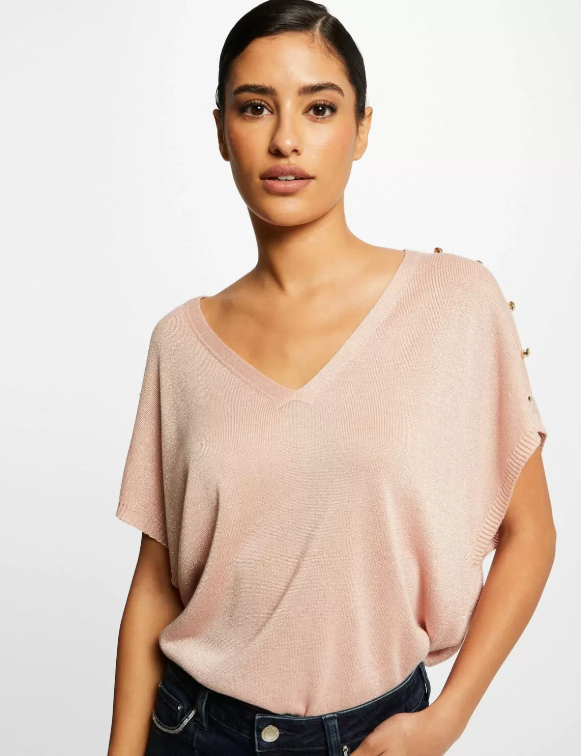 Morgan Pulls>Pull Manches Courtes A Col En V Rose Clair Femme | Rose_Clair