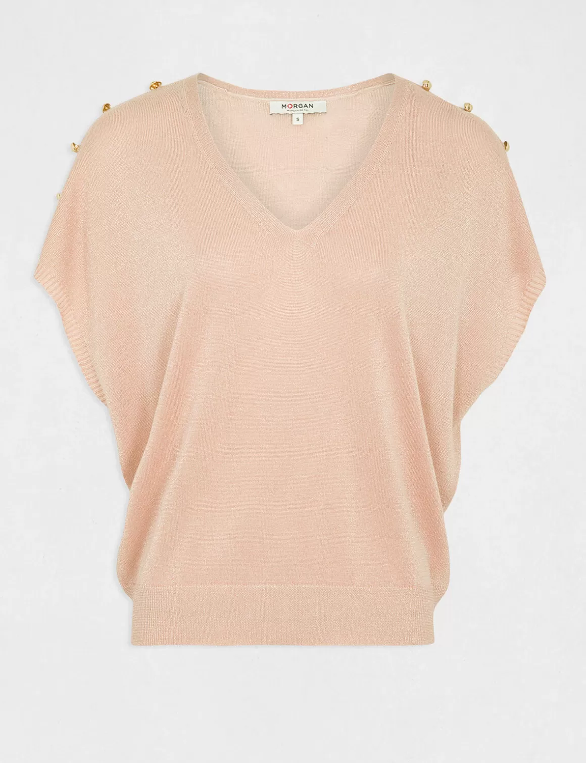Morgan Pulls>Pull Manches Courtes A Col En V Rose Clair Femme | Rose_Clair