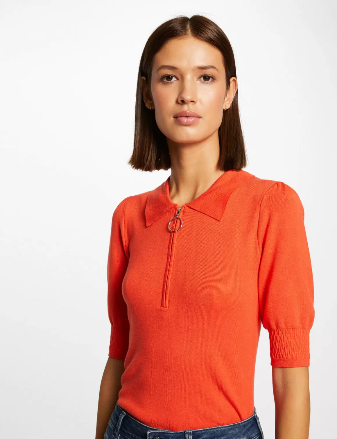 Morgan Pulls>Pull Manches Courtes A Col Polo Femme | Orange