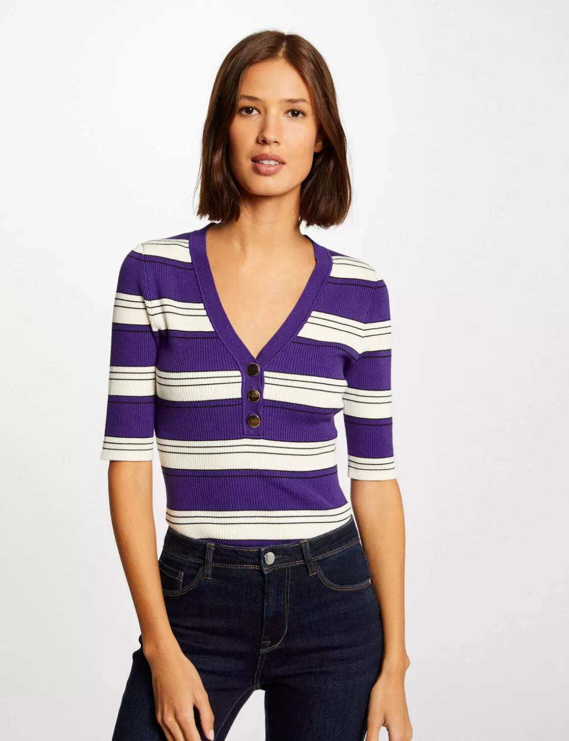 Morgan Pulls>Pull Manches Courtes A Rayures Femme | Violet