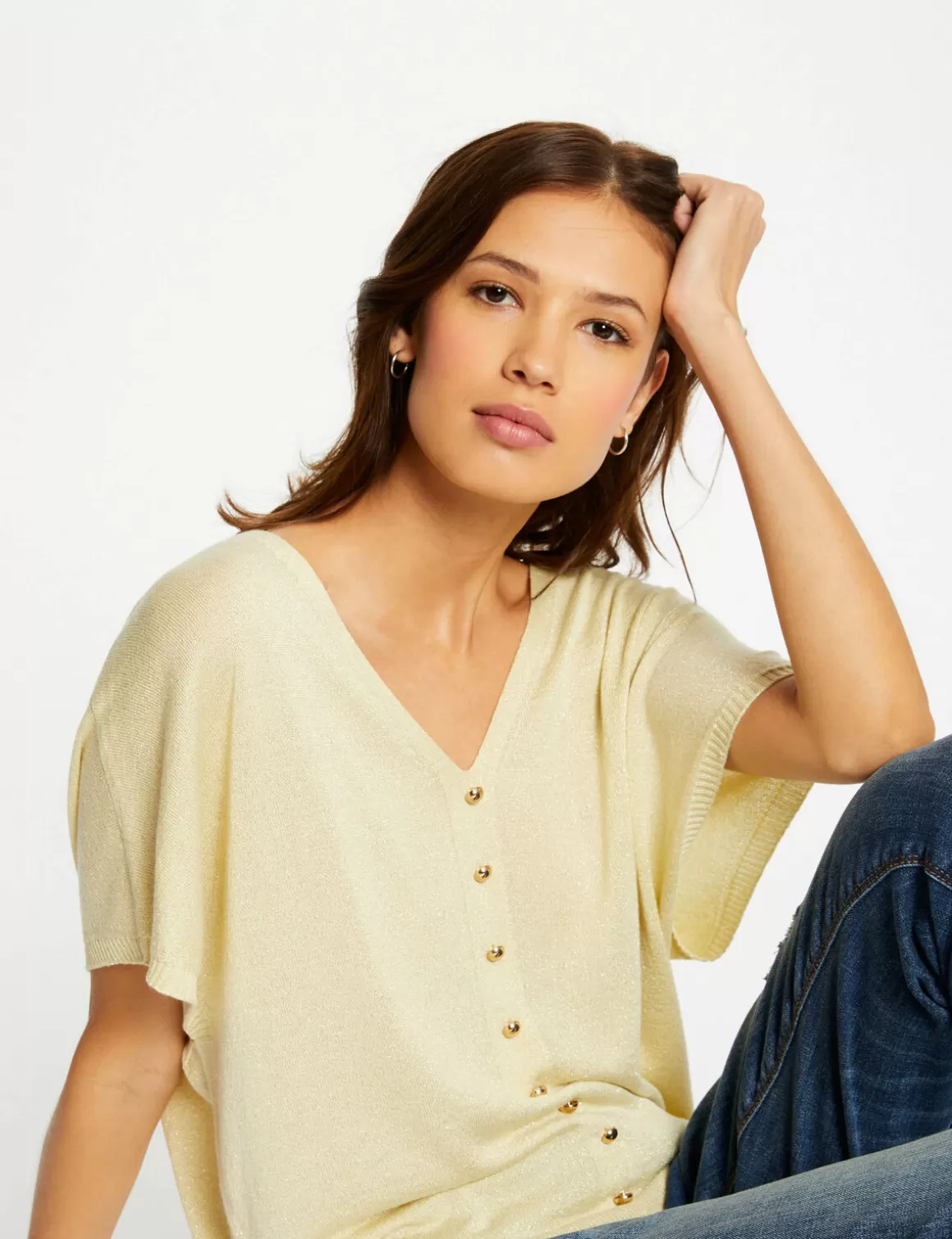 Morgan Pulls>Pull Manches Courtes Avec Boutons Jaune Paille Femme | Jaune_Paille