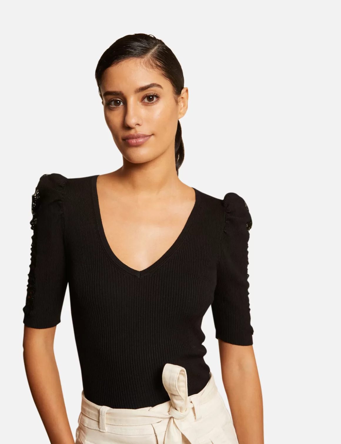 Morgan Pulls>Pull Manches Courtes Avec Dentelle Femme | Noir