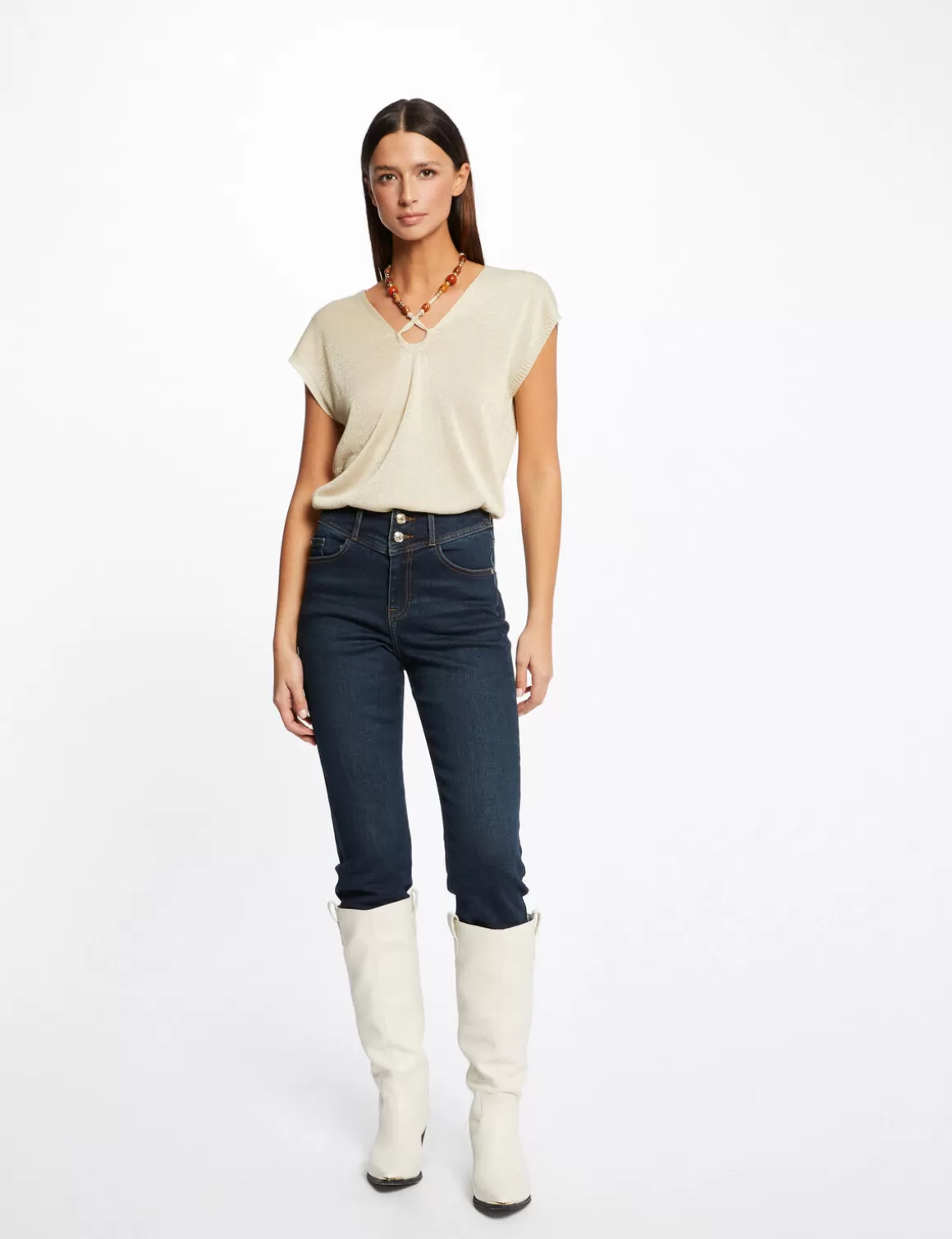 Morgan Pulls>Pull Manches Courtes Avec Perles Femme | Beige