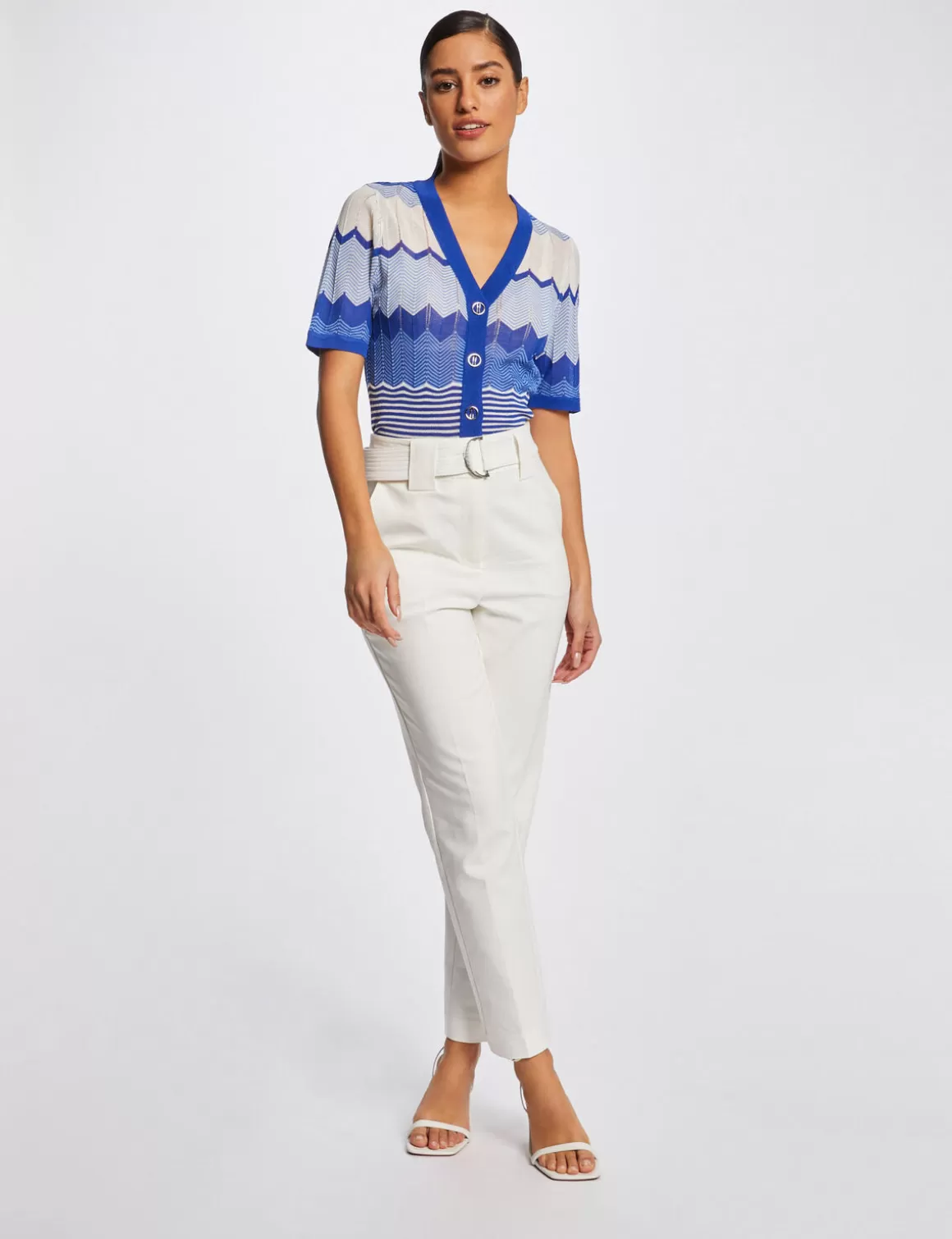 Morgan Pulls>Pull Manches Courtes Imprime Chevron Bleu Moyen Femme | Bleu_Moyen