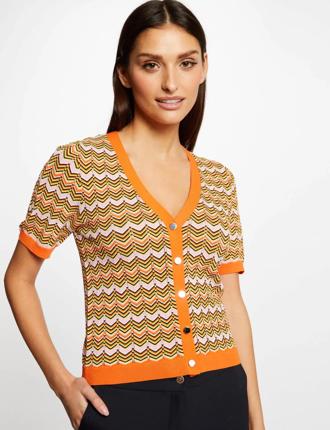 Morgan Pulls>Pull Manches Courtes Imprime Chevron Femme | Orange