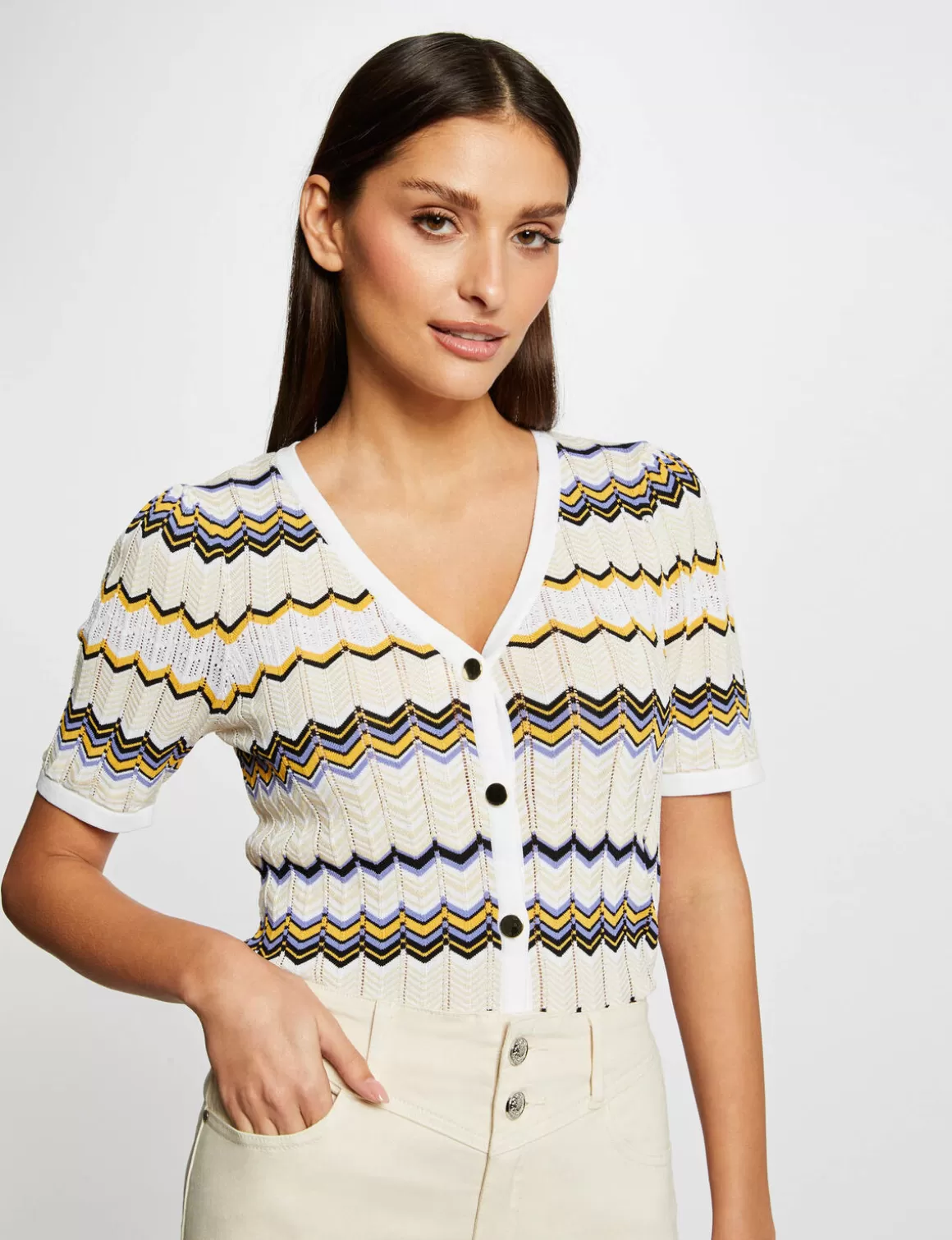 Morgan Pulls>Pull Manches Courtes Imprime Chevron Femme | Ivoire