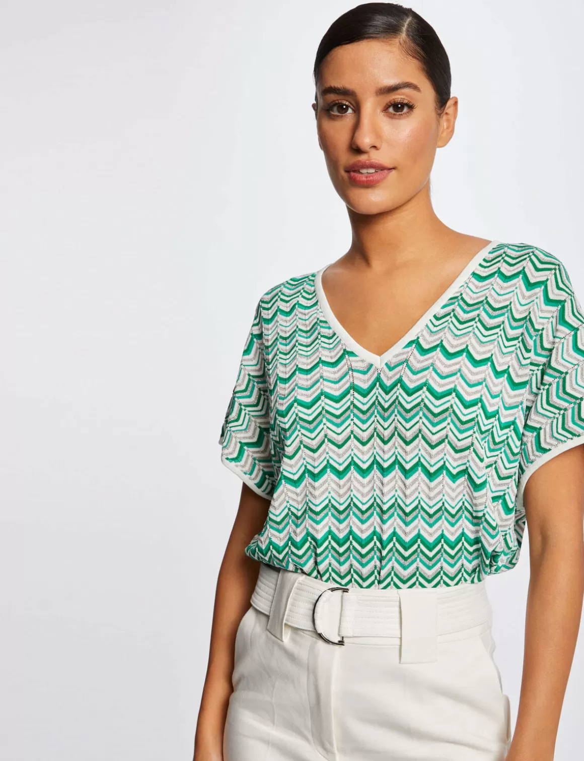 Morgan Pulls>Pull Manches Courtes Imprime Chevron Femme | Vert