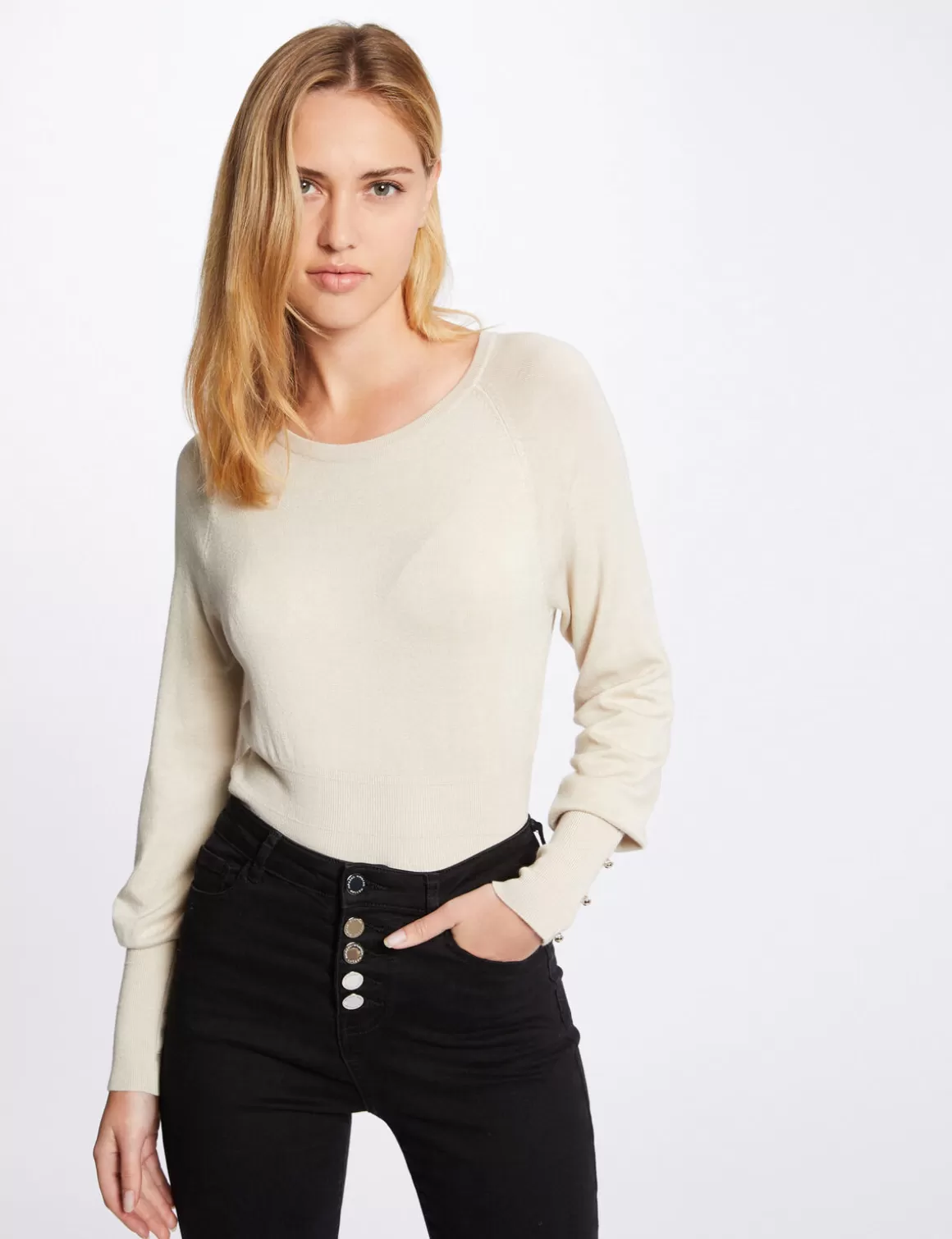 Morgan Pulls>Pull Manches Longues A Col Rond Beige Moyen Femme | Beige_Moyen
