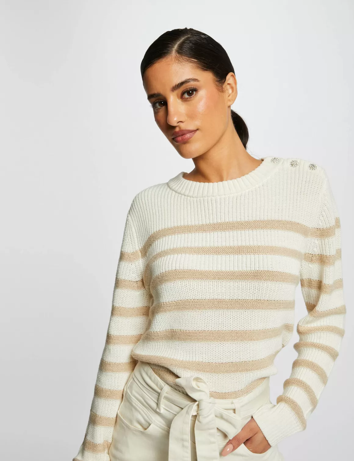 Morgan Pulls>Pull Manches Longues A Rayures Femme | Ecru