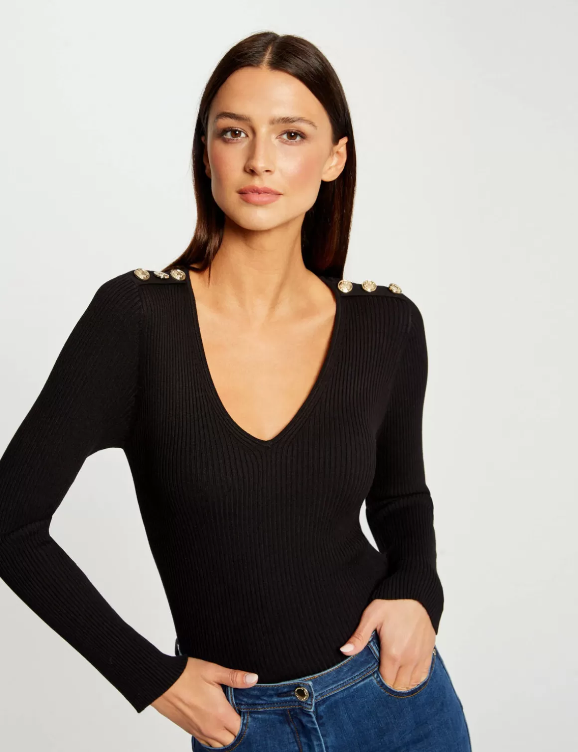 Morgan Pulls>Pull Manches Longues Avec Boutons Femme | Noir