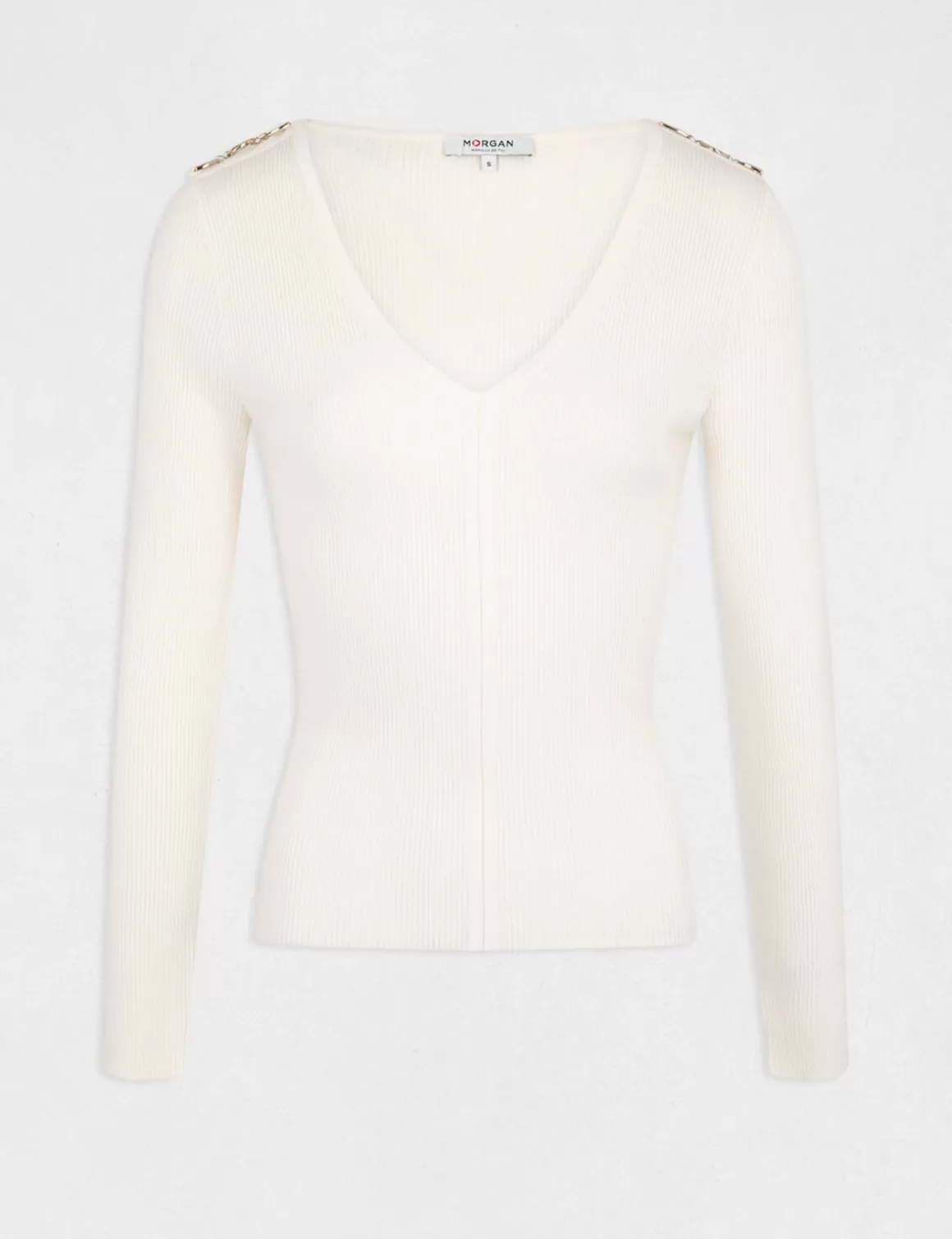 Morgan Pulls>Pull Manches Longues Avec Col En V Femme | Ivoire