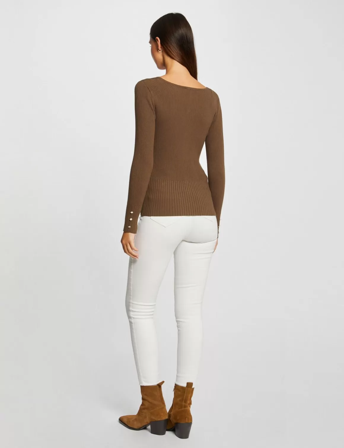 Morgan Pulls>Pull Manches Longues Cotele A Col En V Vert Moyen Femme | Vert_Moyen