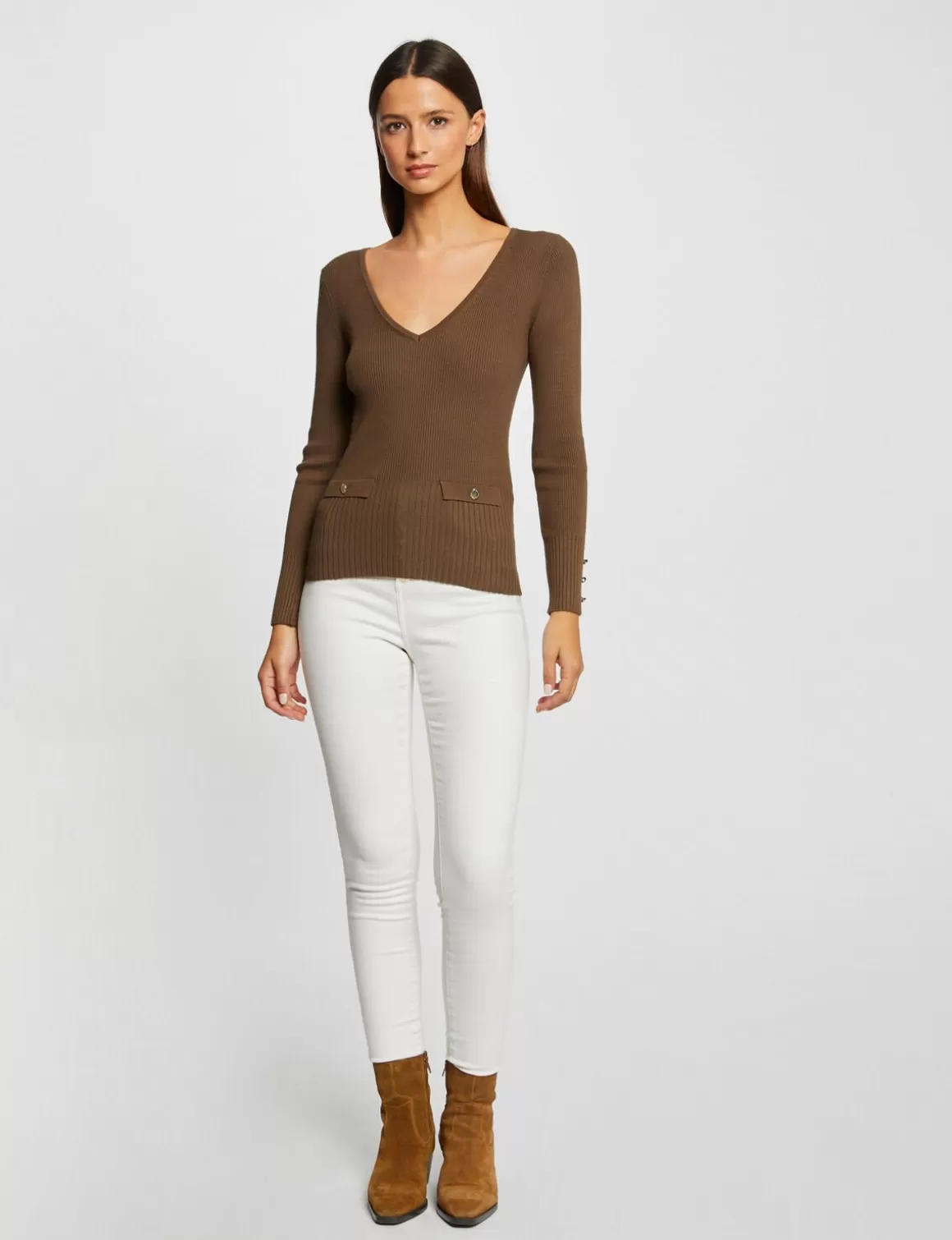 Morgan Pulls>Pull Manches Longues Cotele A Col En V Vert Moyen Femme | Vert_Moyen