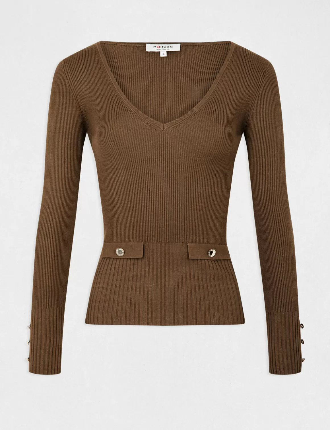Morgan Pulls>Pull Manches Longues Cotele A Col En V Vert Moyen Femme | Vert_Moyen