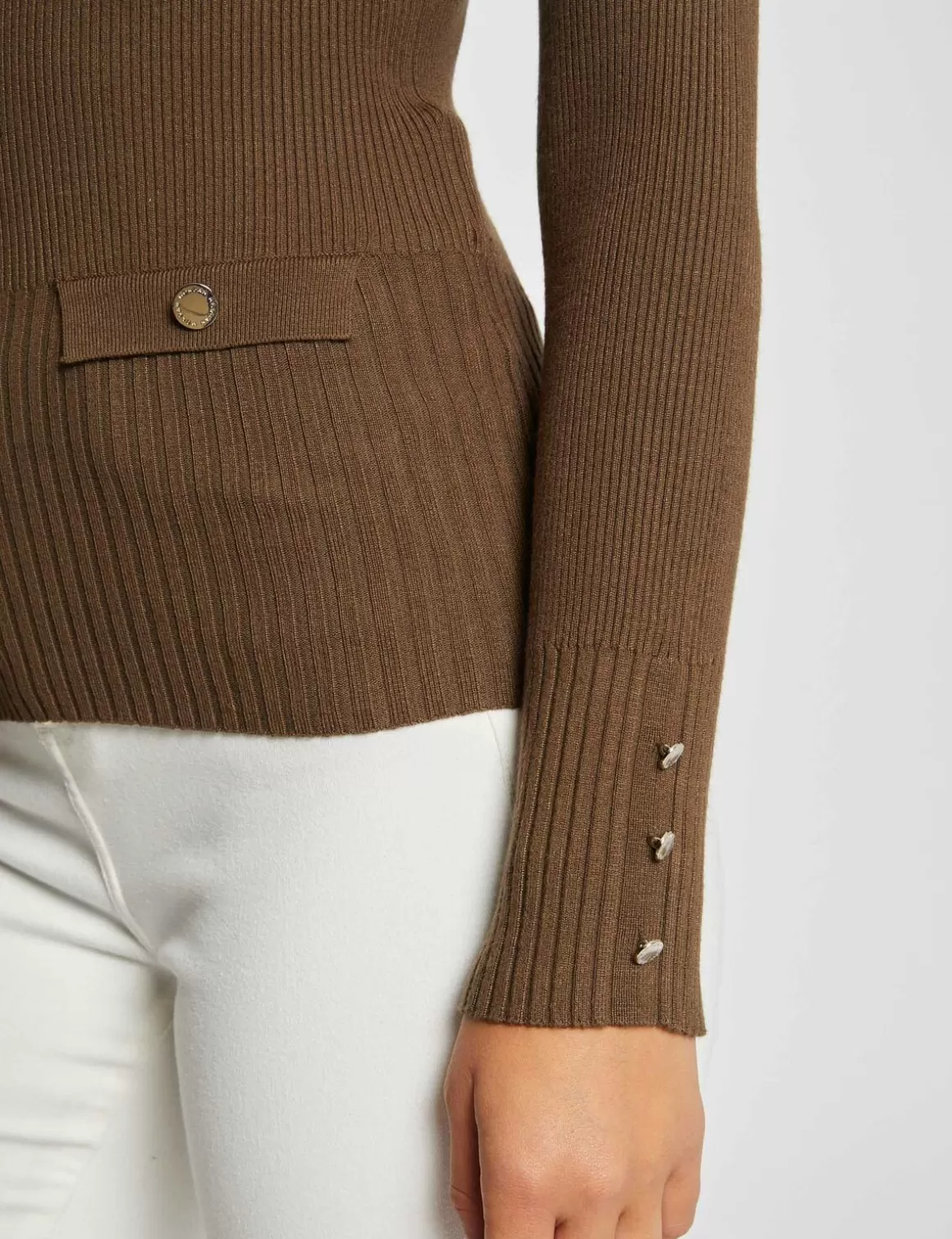 Morgan Pulls>Pull Manches Longues Cotele A Col En V Vert Moyen Femme | Vert_Moyen
