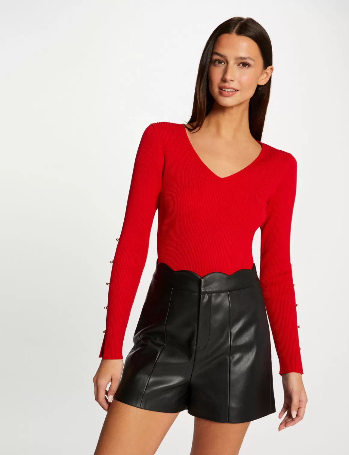 Morgan Pulls>Pull Manches Longues Fendues A Boutons Femme | Rouge