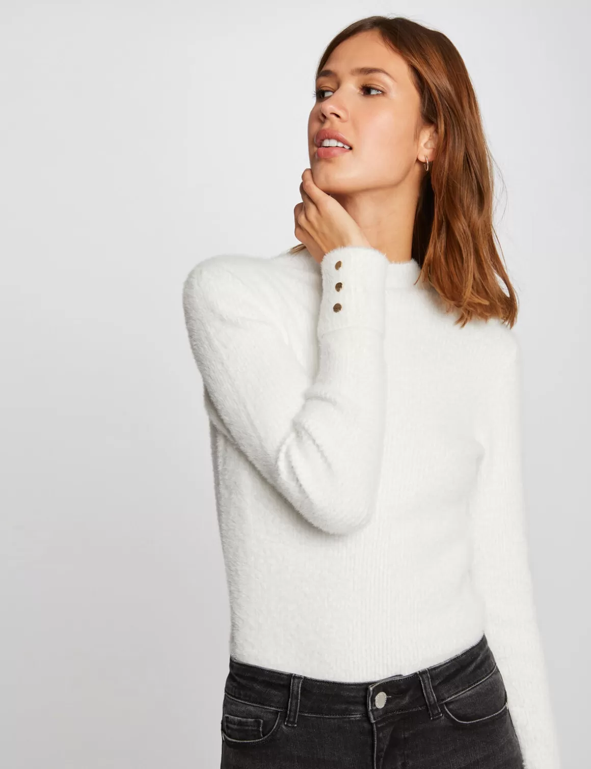 Morgan Pulls>Pull Manches Longues Maille Duveteuse Femme | Ecru