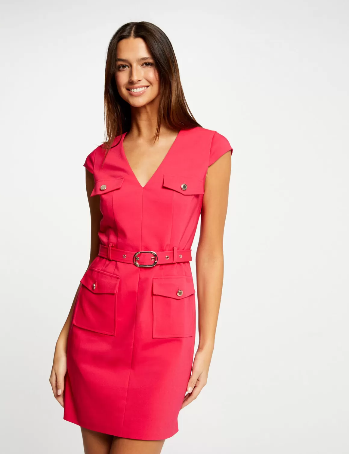 Morgan Robes>Robe Ajustee Ceinturee Avec Col En V Femme | Framboise