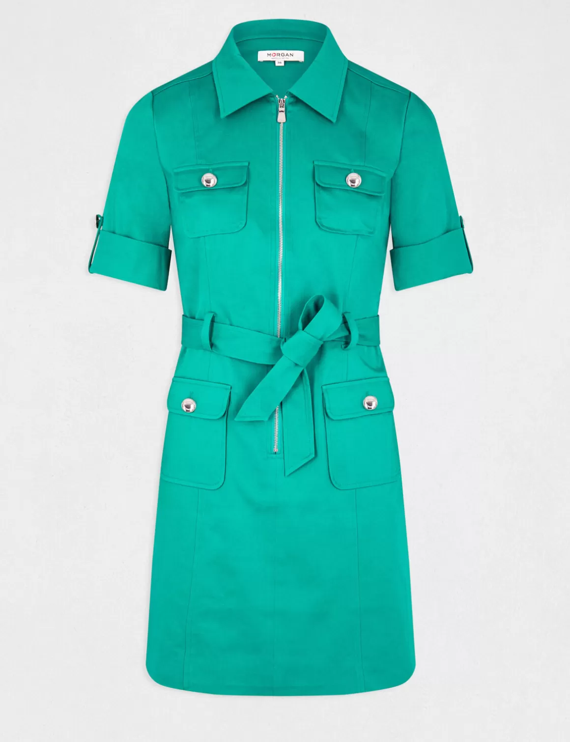 Morgan Robes>Robe Droite Manches Courtes Ceinturee Vert Moyen Femme | Vert_Moyen