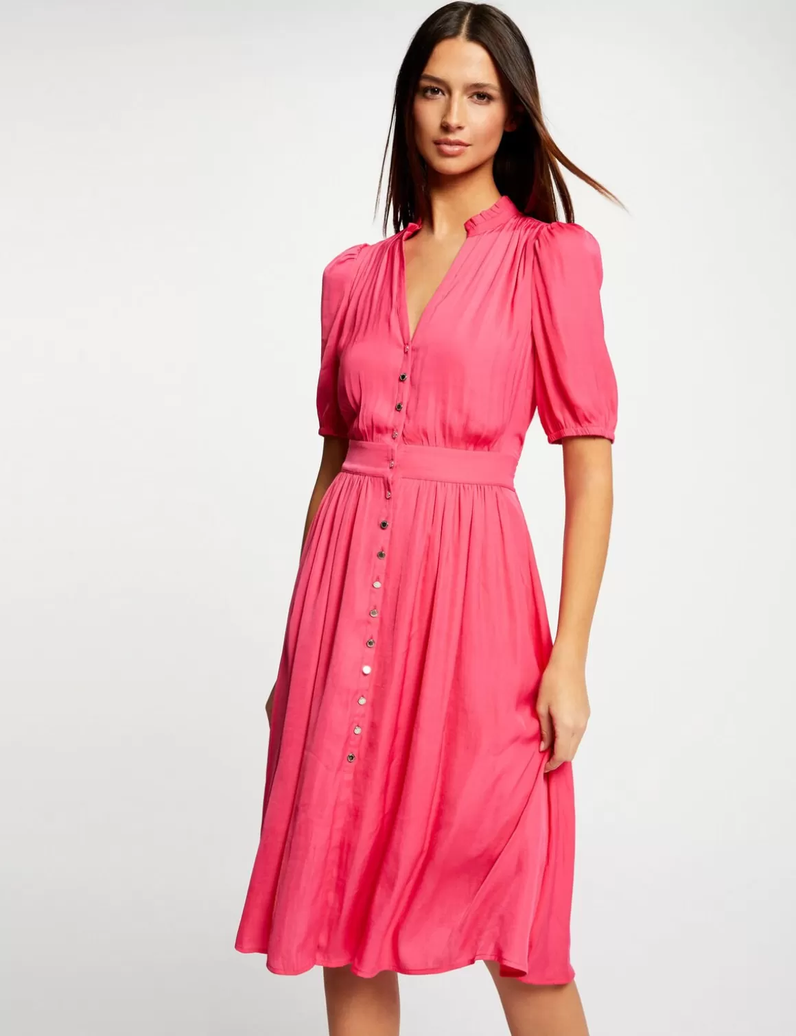 Morgan Robes>Robe Manches 3/4 Boutonnee A L'Avant Rose Moyen Femme | Rose_Moyen