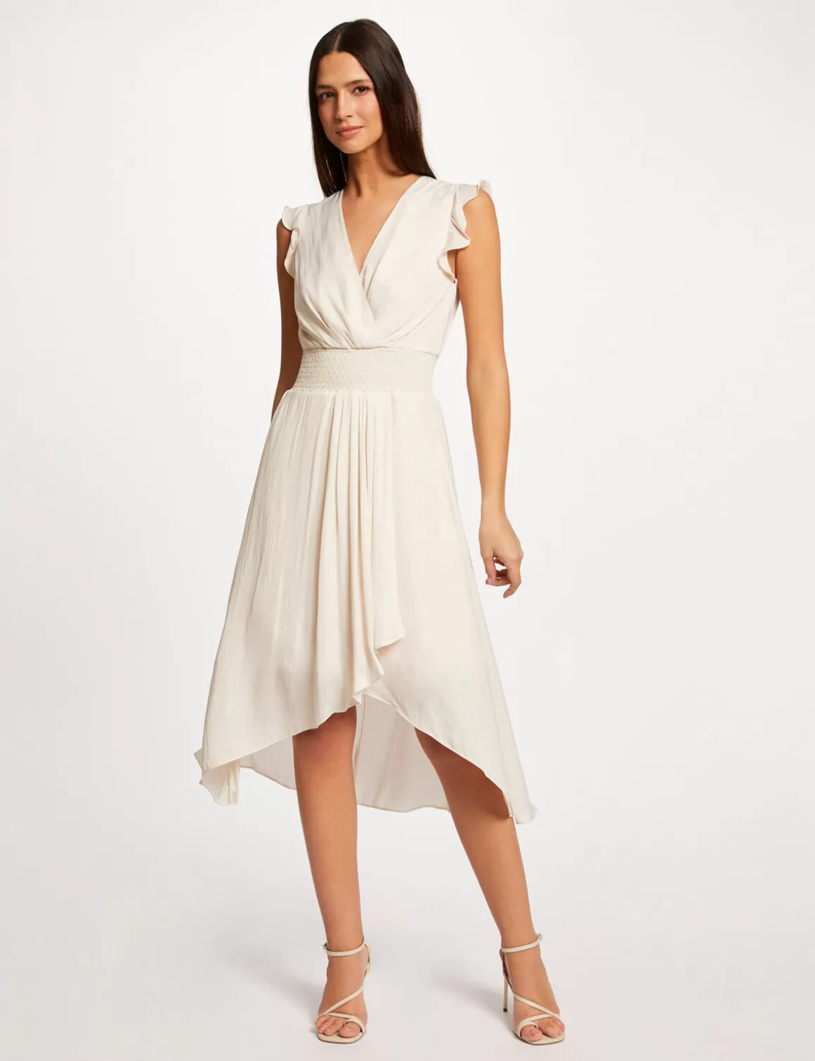 Morgan Robes>Robe Midi Evasee Fluide Drapee Smockee Ecru Moyen Femme | Ecru_Moyen