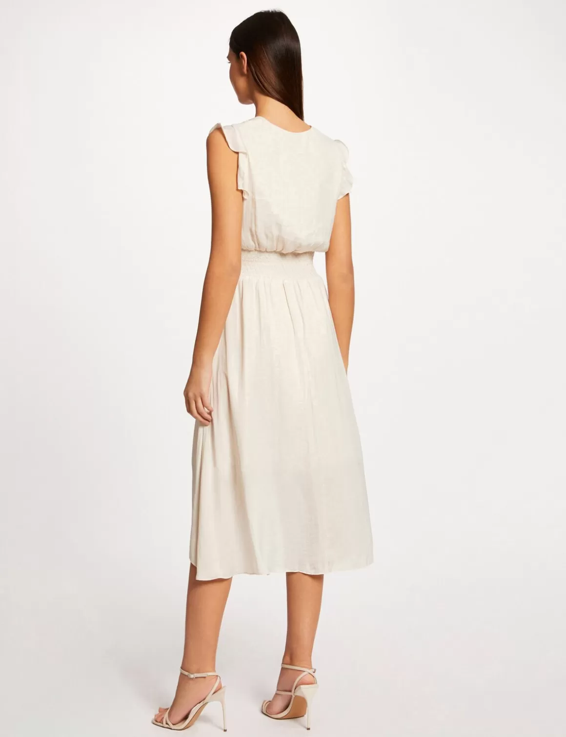 Morgan Robes>Robe Midi Evasee Fluide Drapee Smockee Ecru Moyen Femme | Ecru_Moyen