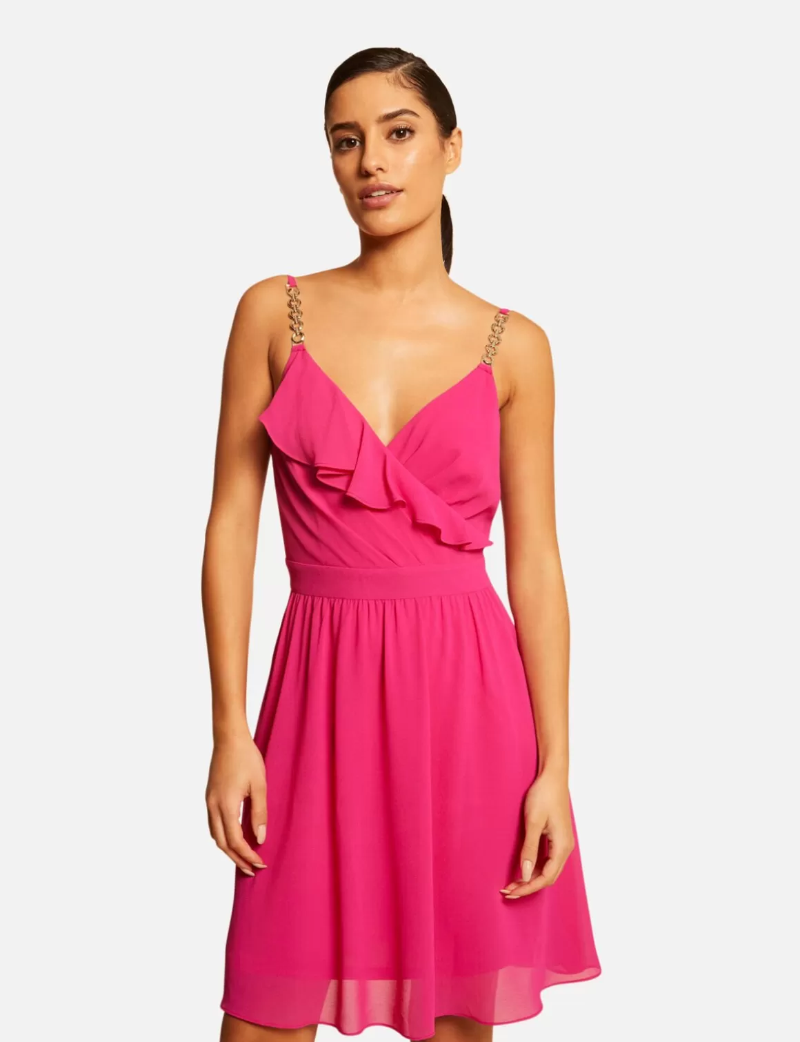 Morgan Robes>Robe Patineuse Avec Col Cache-Coeur Rose Fonce Femme | Rose_Fonce