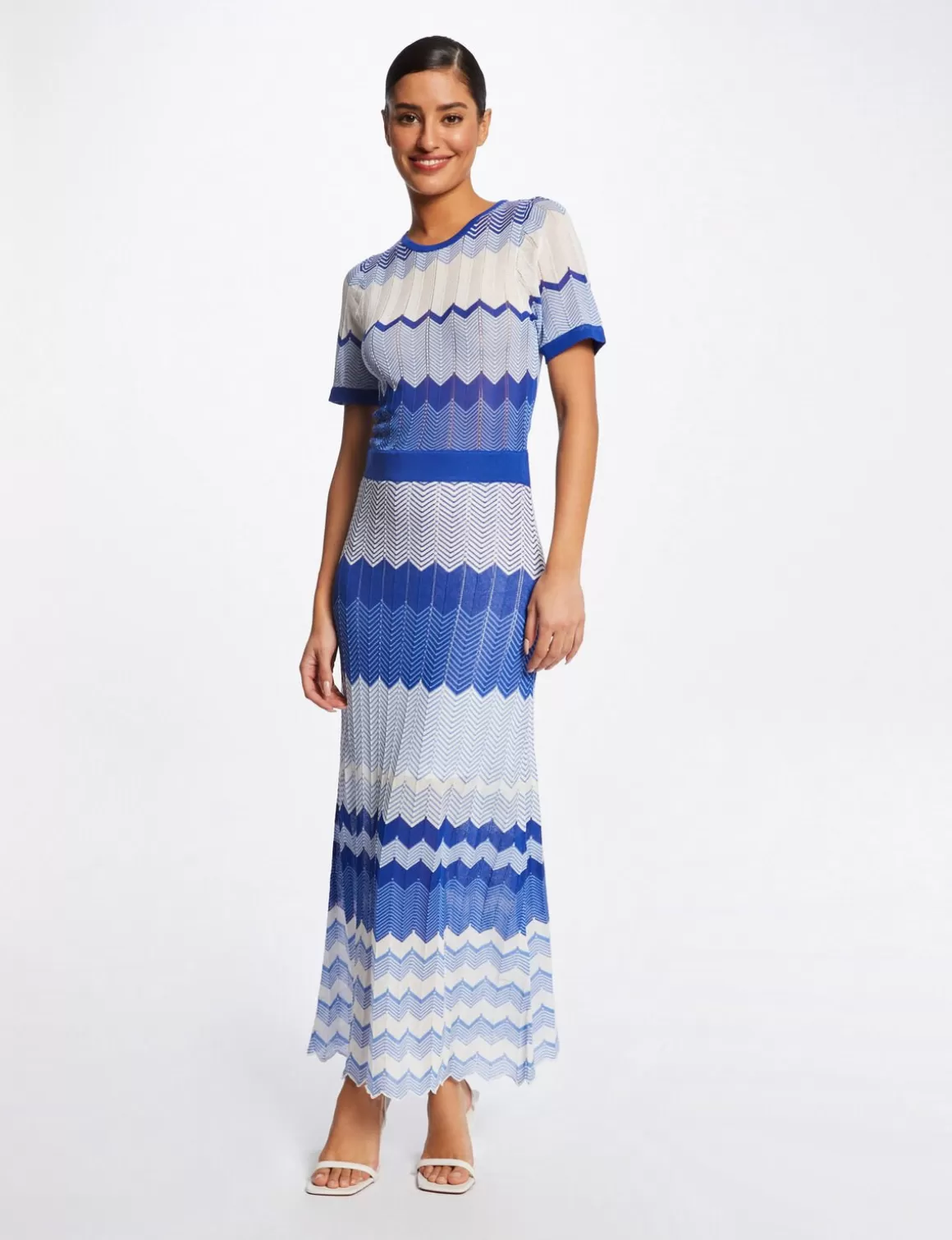 Morgan Robes>Robe Pull Longue Droite Imprime Chevron Bleu Moyen Femme | Bleu_Moyen