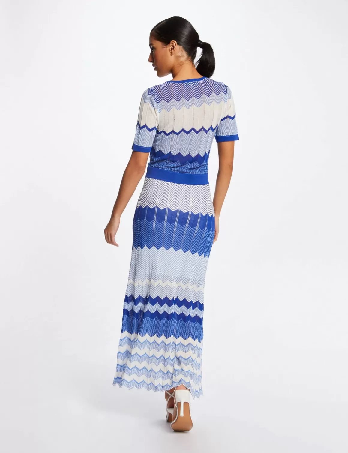 Morgan Robes>Robe Pull Longue Droite Imprime Chevron Bleu Moyen Femme | Bleu_Moyen