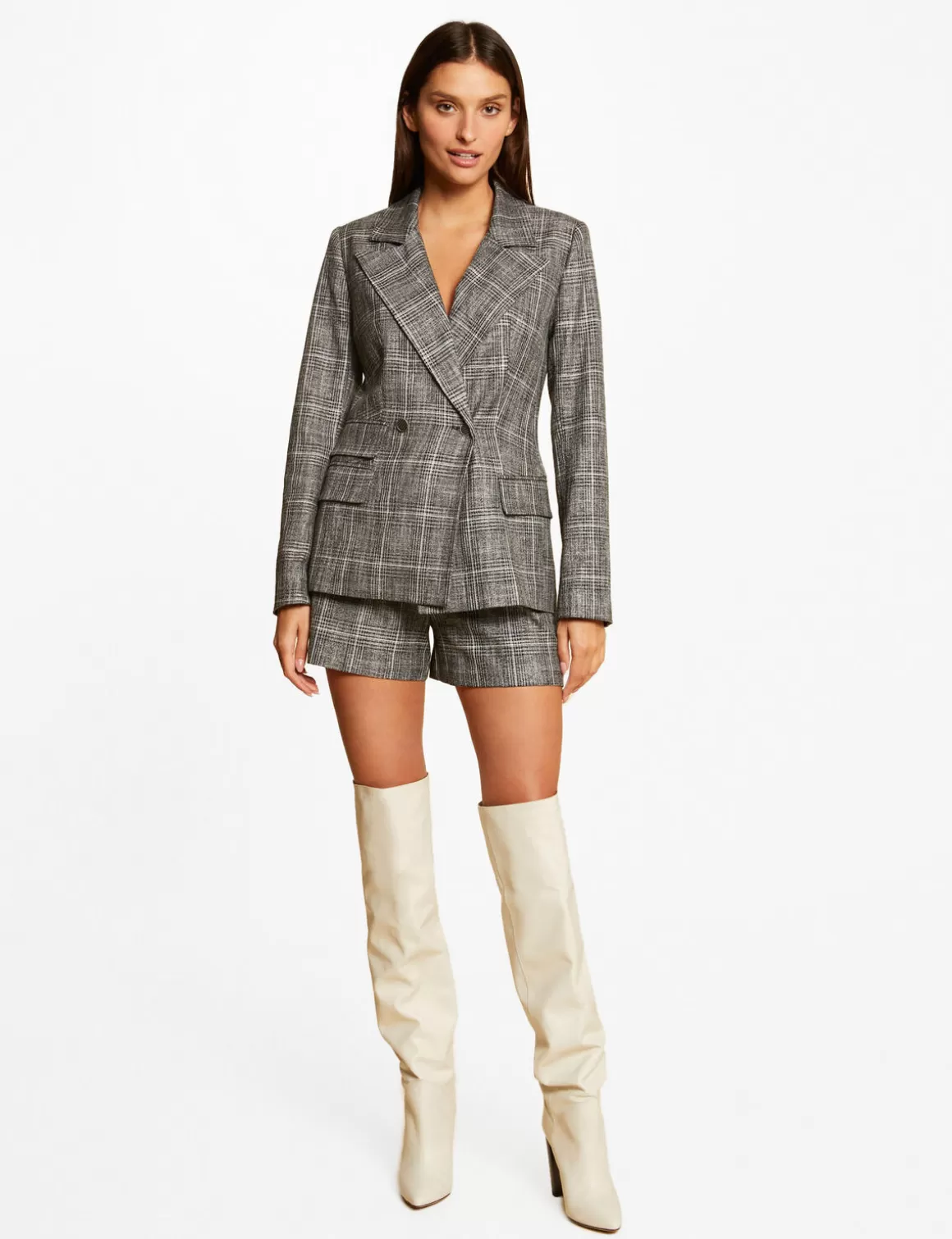 Morgan Ensembles Et Tailleurs>Short City Ajuste A Carreaux Gris Moyen Femme | Gris_Moyen