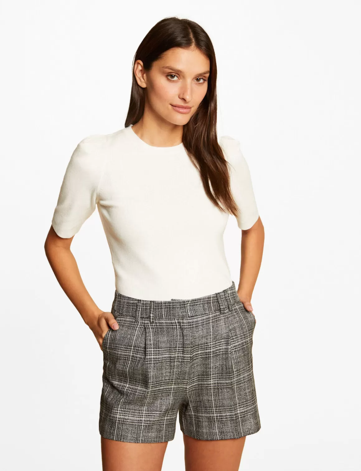 Morgan Ensembles Et Tailleurs>Short City Ajuste A Carreaux Gris Moyen Femme | Gris_Moyen
